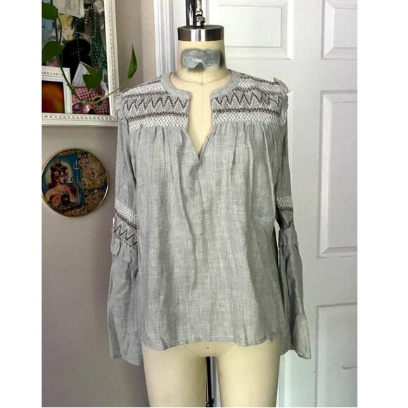 ZARA Gray GAUZE Seersucker Chevron Print Peasant Lounge Tunic shirt *X-SMALL* - Picture 1 of 5